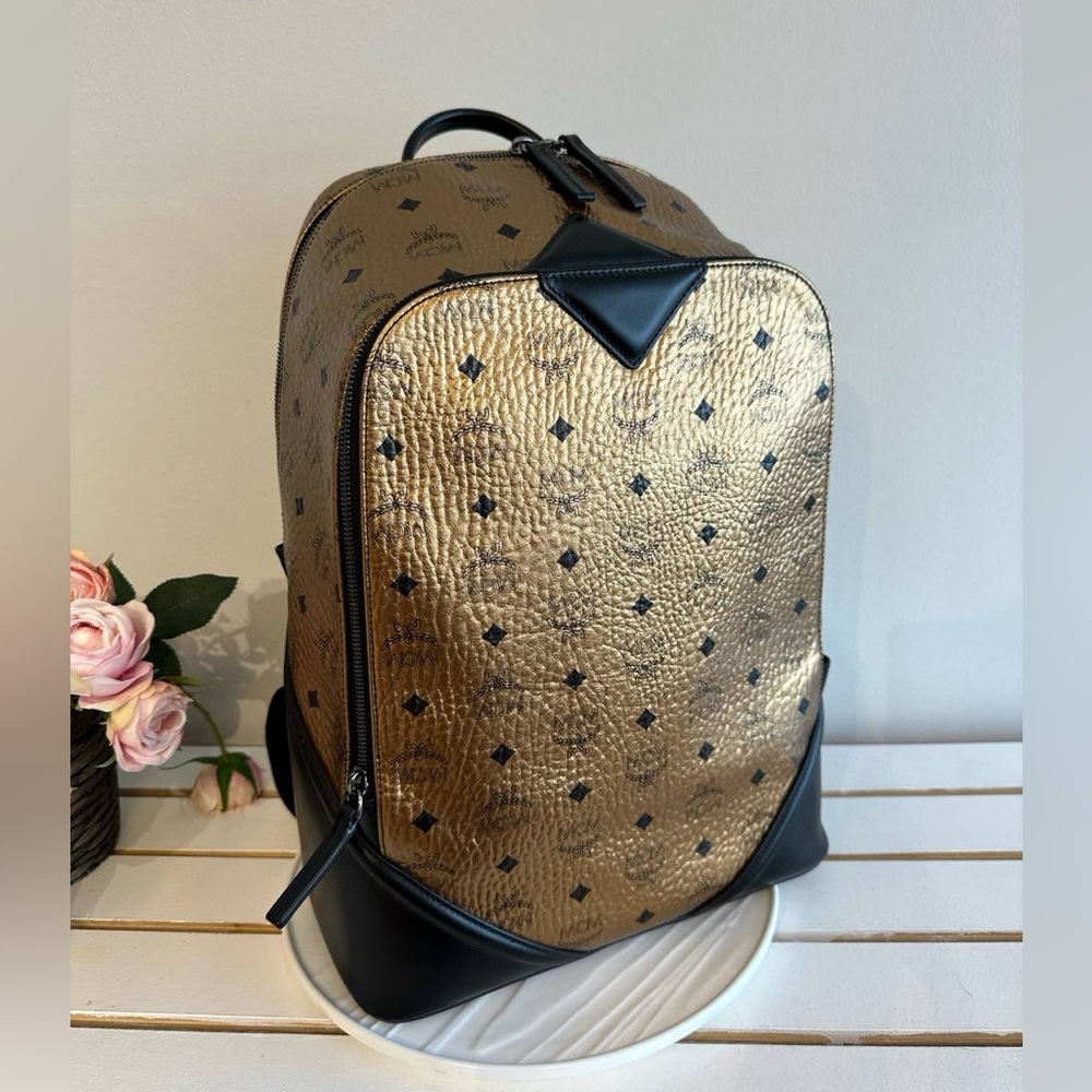 MCM Bronze Gold Metallic Visetos Duke unisex Backpack Black trim